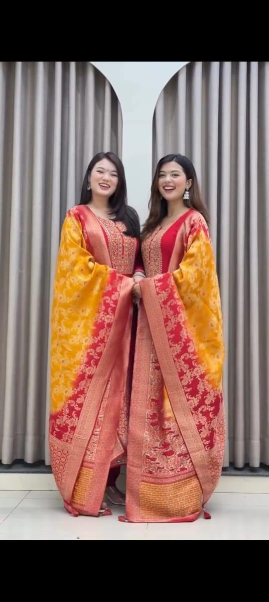 Jashan-E-Noor Premium Banana Silk Anarkali Kurti Pant Dupatta Set – Festive Special”