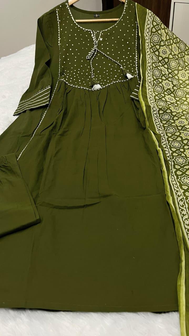 Premium Heavy Cotton Kurti Pant Dupatta Set with Printed Cotton Dupatta