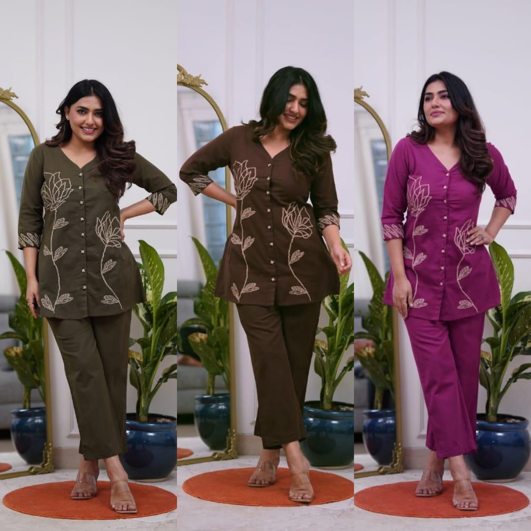 Elegant Office Wear Cotton Embroidered  Women’s Kurti Pant Co-Ord Set