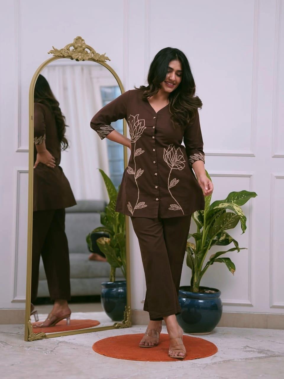 Elegant Office Wear Cotton Embroidered  Women’s Kurti Pant Co-Ord Set