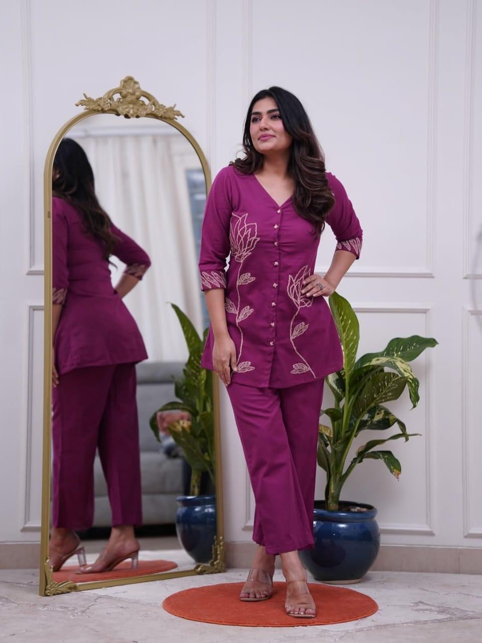 Elegant Office Wear Cotton Embroidered  Women’s Kurti Pant Co-Ord Set