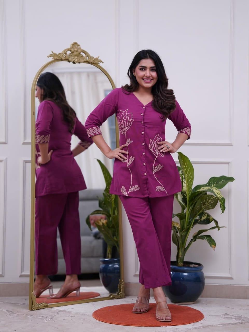Elegant Office Wear Cotton Embroidered  Women’s Kurti Pant Co-Ord Set