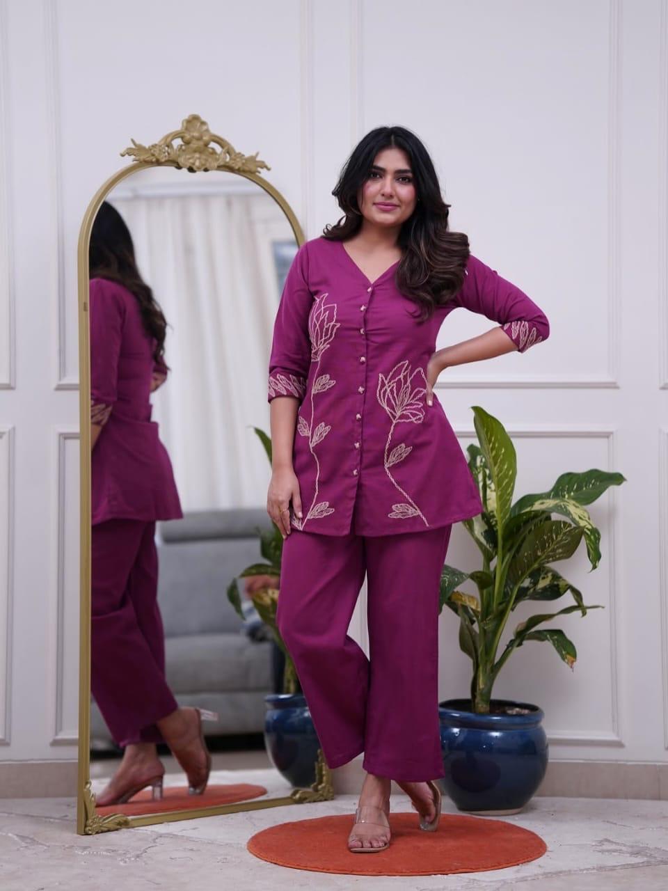 Elegant Office Wear Cotton Embroidered  Women’s Kurti Pant Co-Ord Set