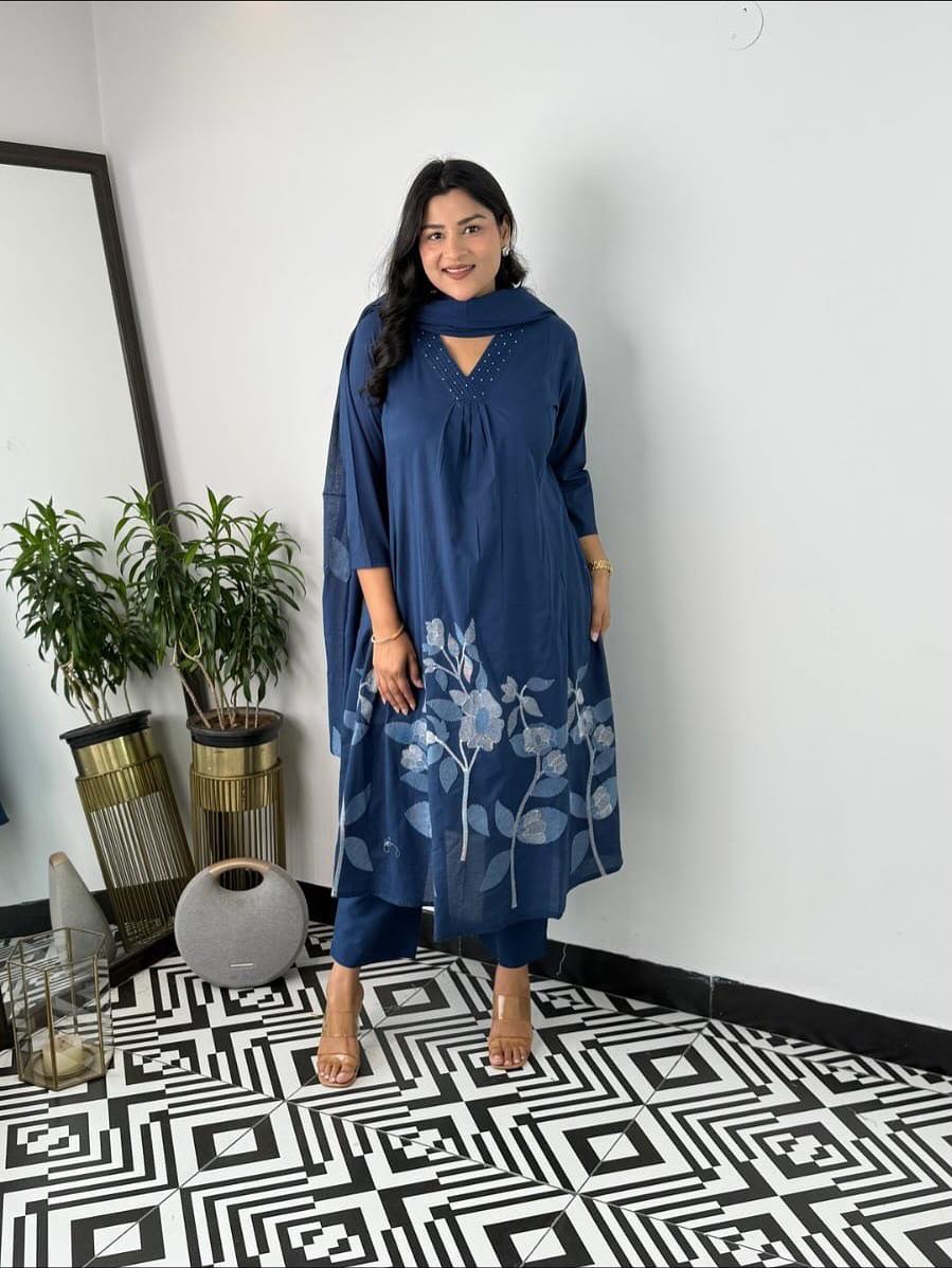 Premium Pure Cotton Embroidered Kurti Pant Dupatta Set – Everyday Elegance Collection