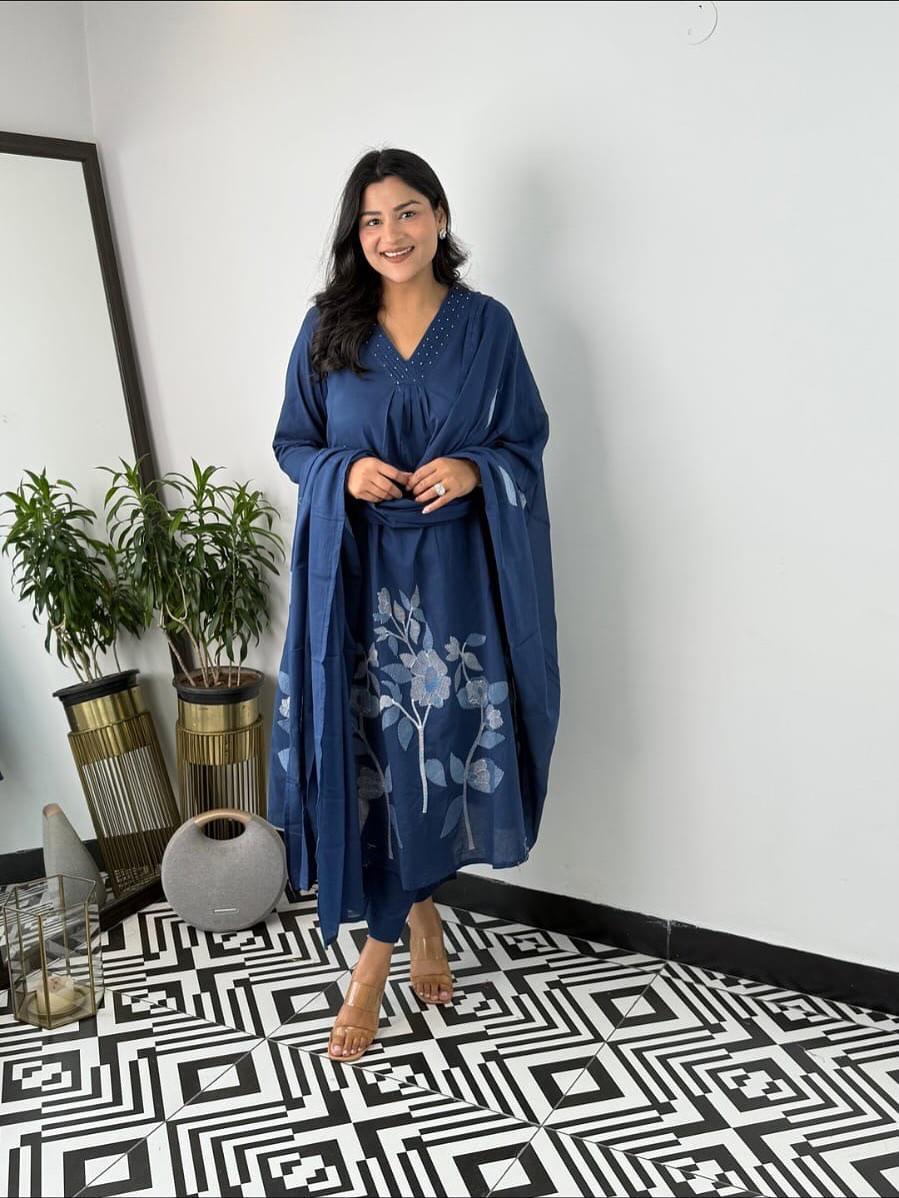Premium Pure Cotton Embroidered Kurti Pant Dupatta Set – Everyday Elegance Collection