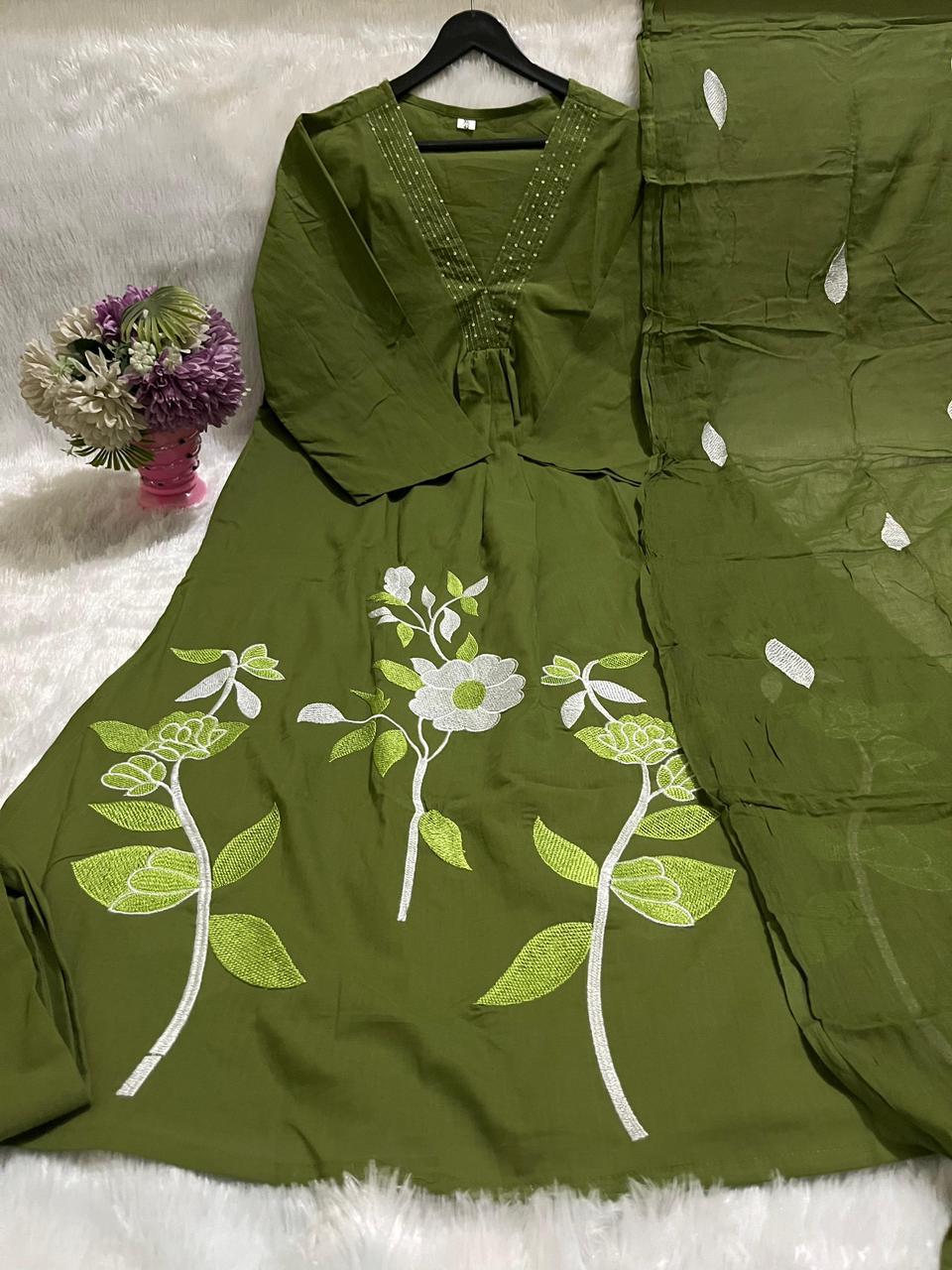 Premium Pure Cotton Embroidered Kurti Pant Dupatta Set – Everyday Elegance Collection