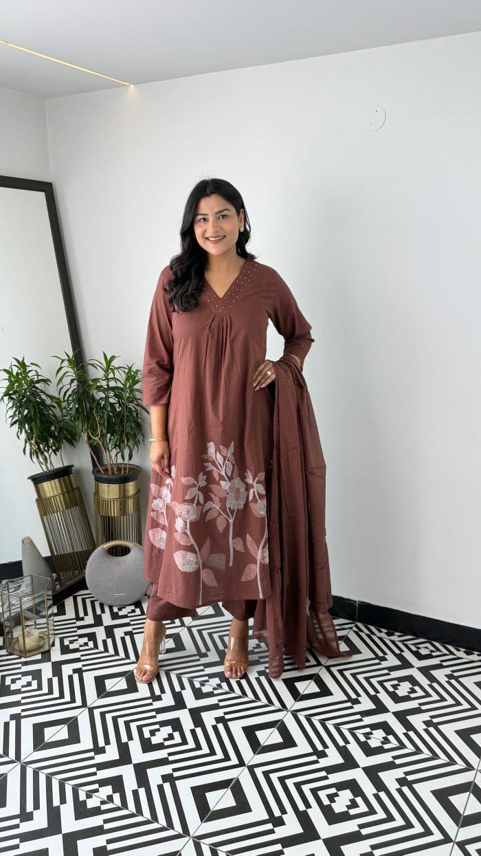 Premium Pure Cotton Embroidered Kurti Pant Dupatta Set – Everyday Elegance Collection