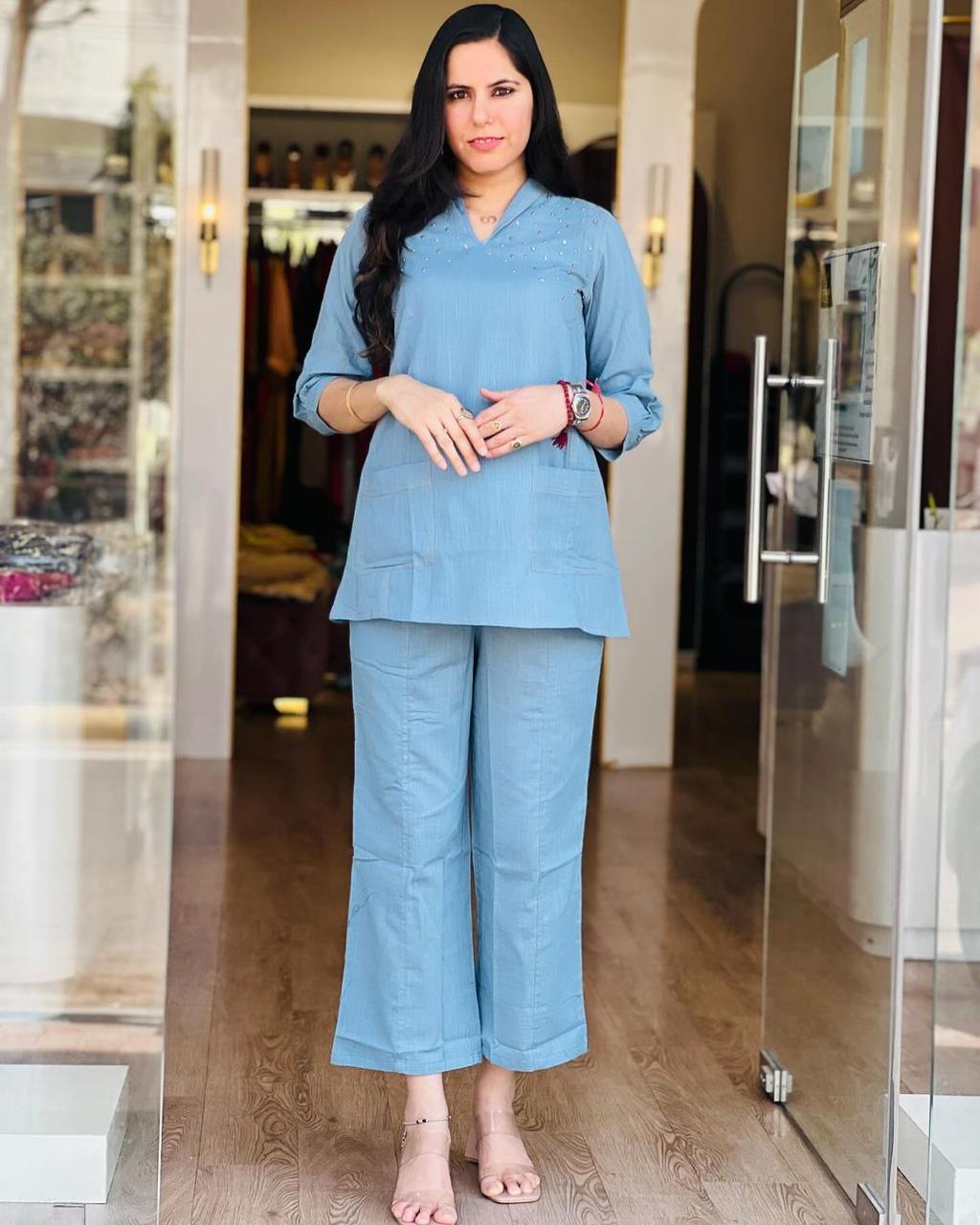 Premium Cotton Slub Handwork Co-Ord Kurti Pant Set