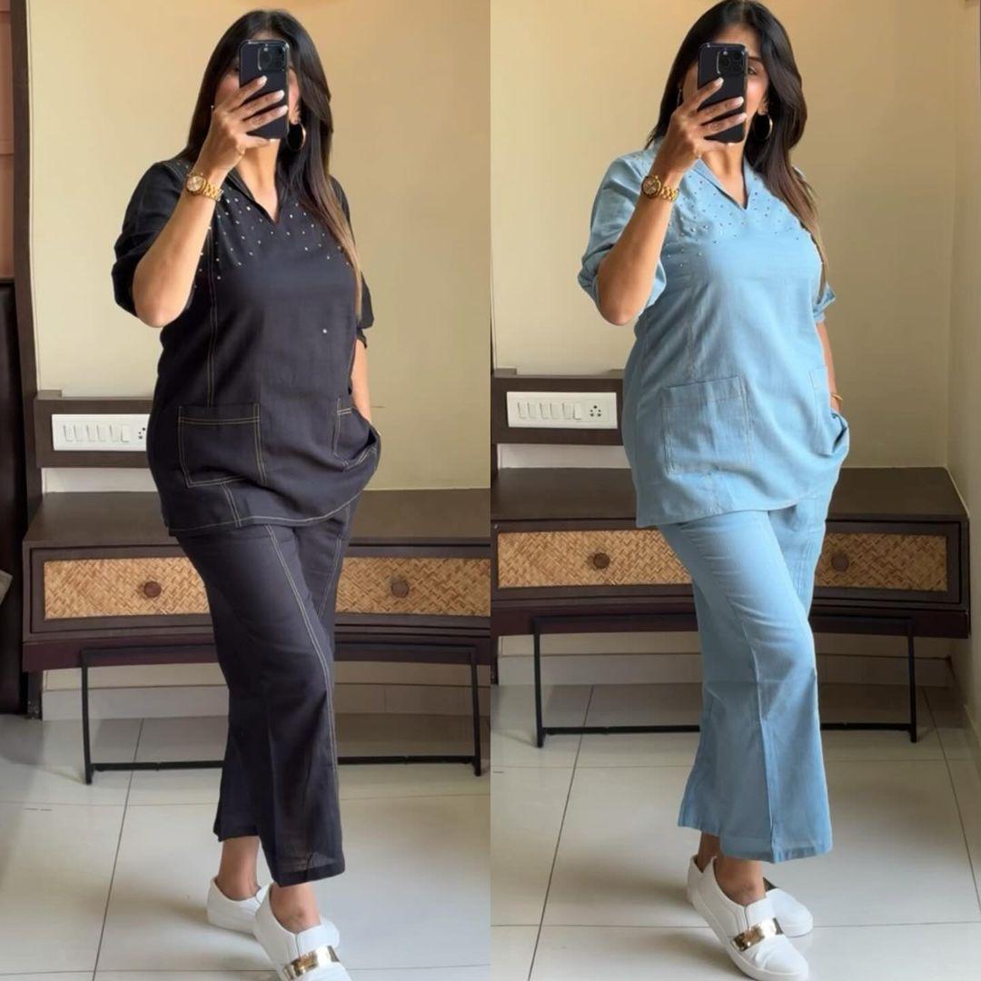 Premium Cotton Slub Handwork Co-Ord Kurti Pant Set