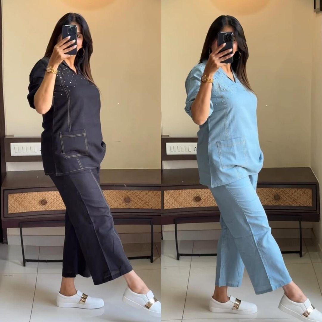 Premium Cotton Slub Handwork Co-Ord Kurti Pant Set