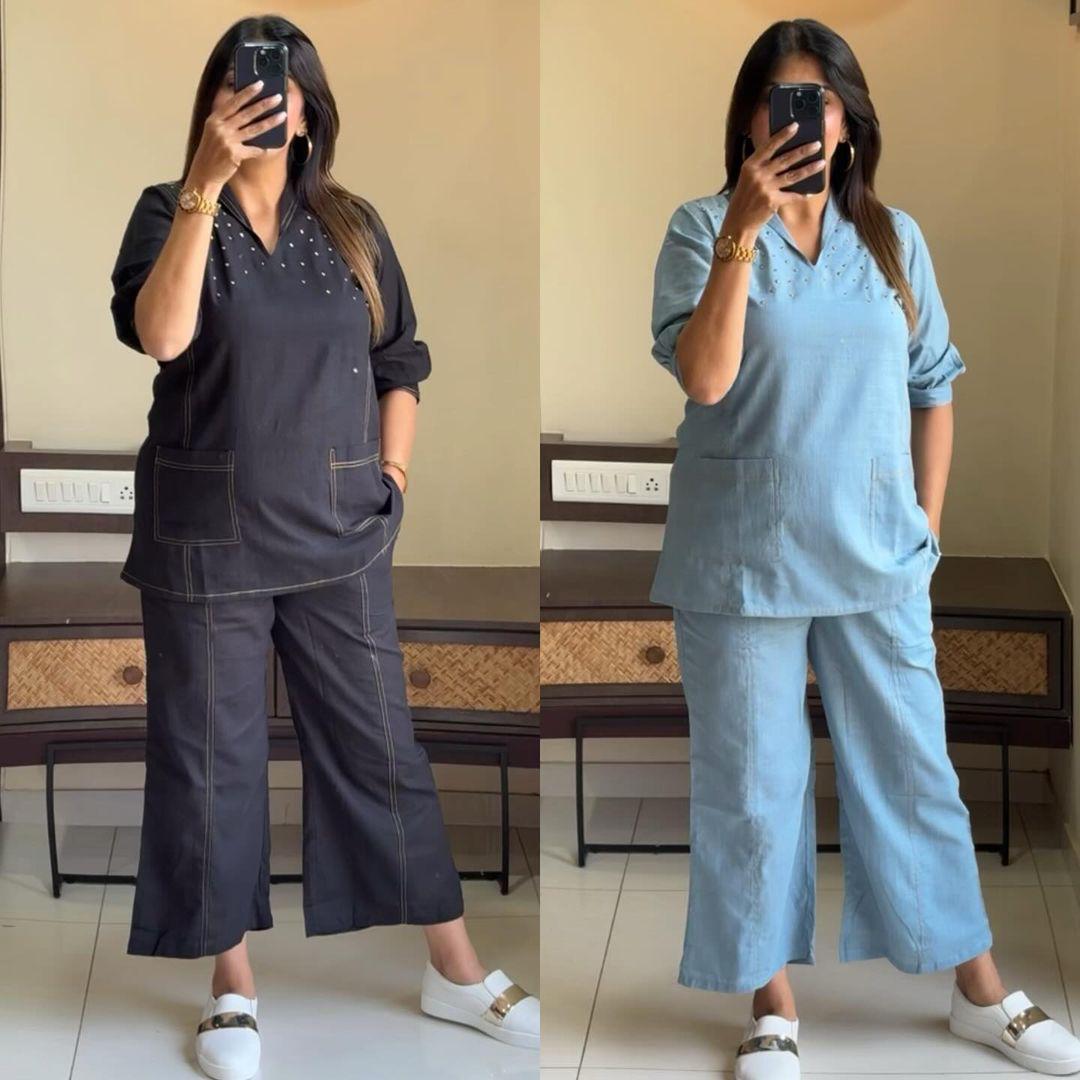 Premium Cotton Slub Handwork Co-Ord Kurti Pant Set