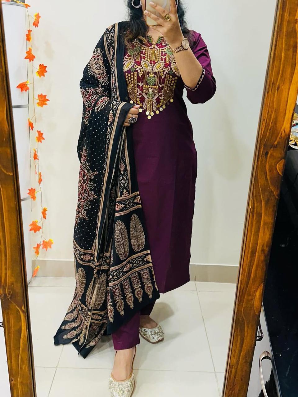 Exquisite Embroidered Cotton Kurta Pant Dupatta Set with Printed Dupatta