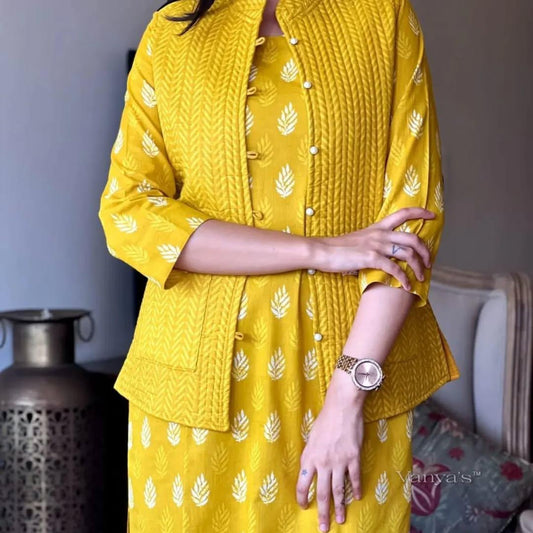Exclusive Winter Cotton Kurti Pant Set with Quilted Jacket – Premium Warm Collection