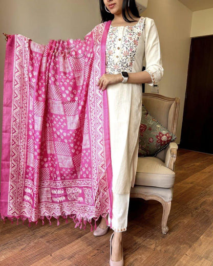 Premium Handloom Khadi Cotton Embroidery Suit Set with Khadi Silk Dupatta