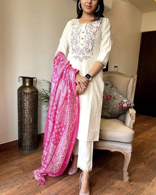 Premium Handloom Khadi Cotton Embroidery Suit Set with Khadi Silk Dupatta