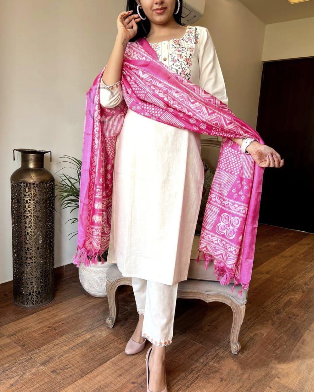Premium Handloom Khadi Cotton Embroidery Suit Set with Khadi Silk Dupatta