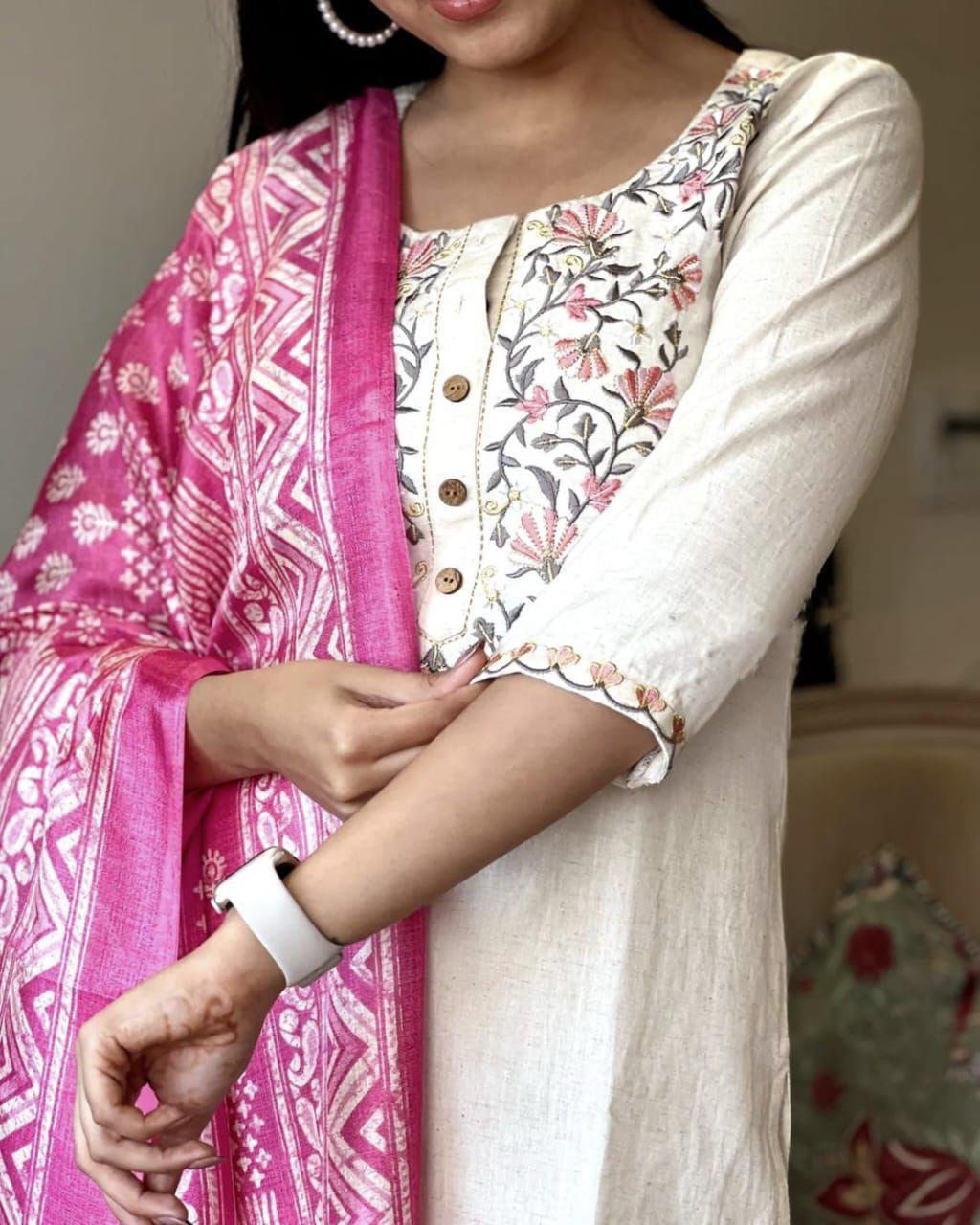 Premium Handloom Khadi Cotton Embroidery Suit Set with Khadi Silk Dupatta