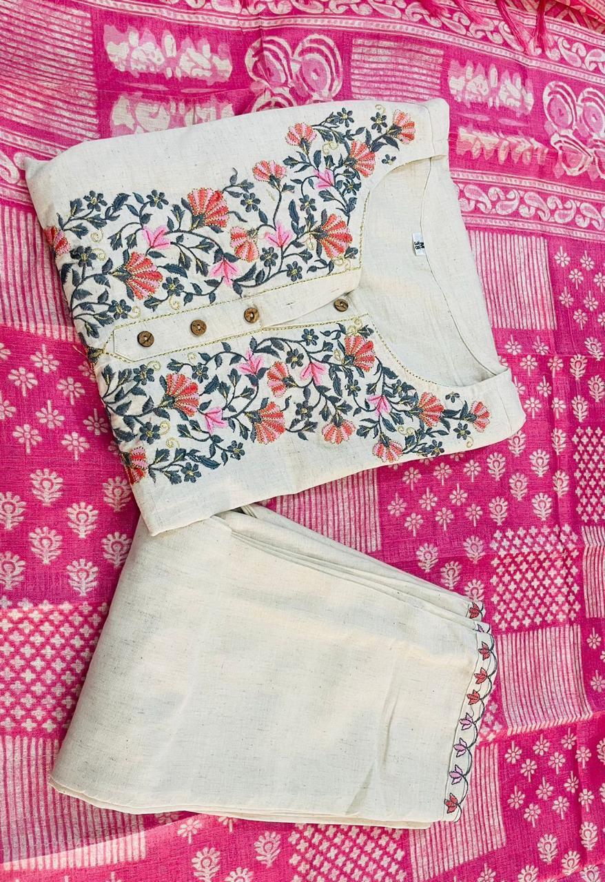 Premium Handloom Khadi Cotton Embroidery Suit Set with Khadi Silk Dupatta