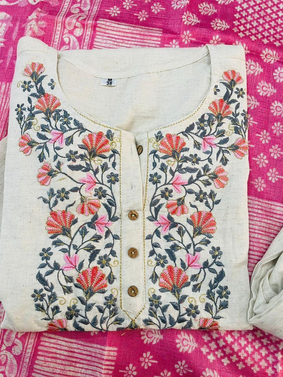 Premium Handloom Khadi Cotton Embroidery Suit Set with Khadi Silk Dupatta