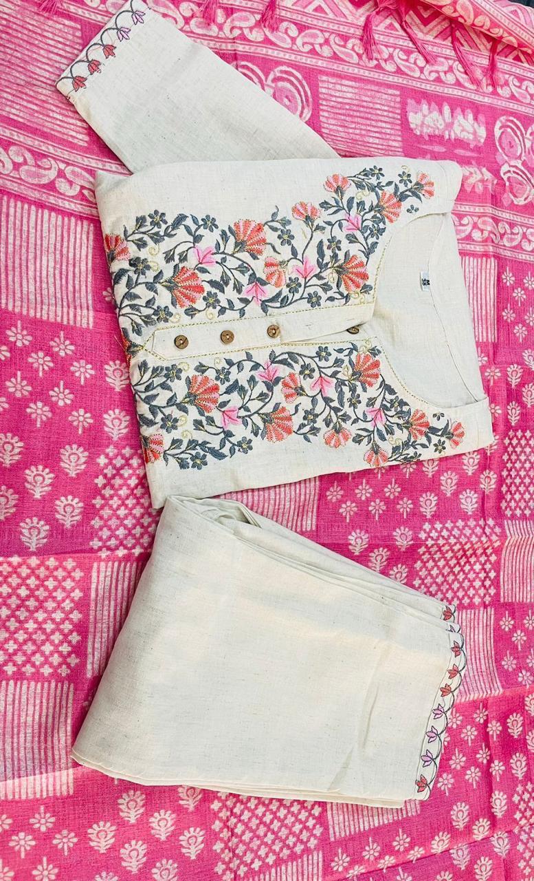 Premium Handloom Khadi Cotton Embroidery Suit Set with Khadi Silk Dupatta