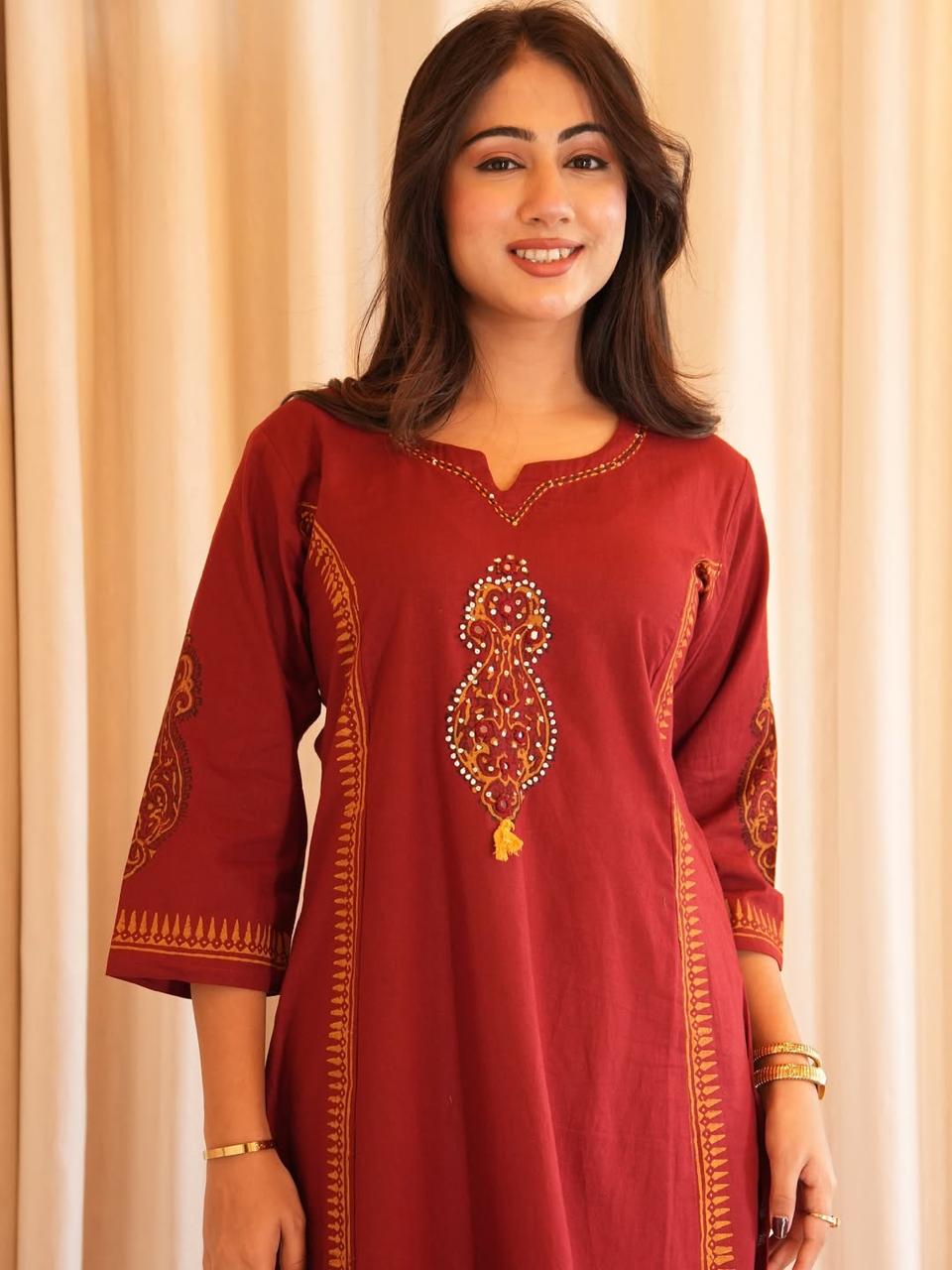 Premium Fine Cotton Handwork Kurti Pant Set with 100-100 Cotton Dupatta”