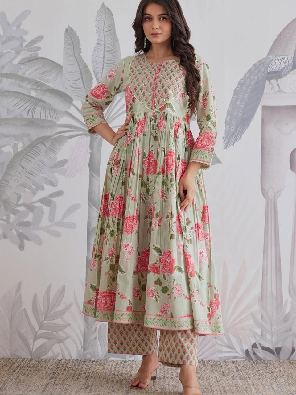 Premium Pure Cotton Anarkali Set with Hand & Adda Sequence Work – Festival Designer Collection
