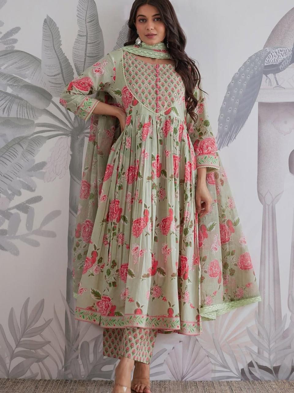 Premium Pure Cotton Anarkali Set with Hand & Adda Sequence Work – Festival Designer Collection