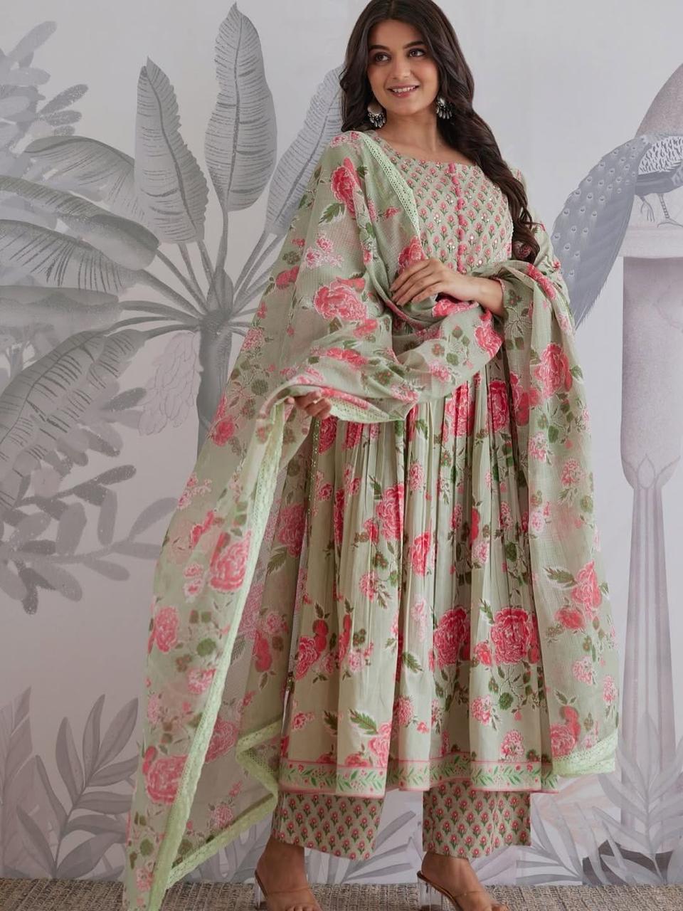 Premium Pure Cotton Anarkali Set with Hand & Adda Sequence Work – Festival Designer Collection