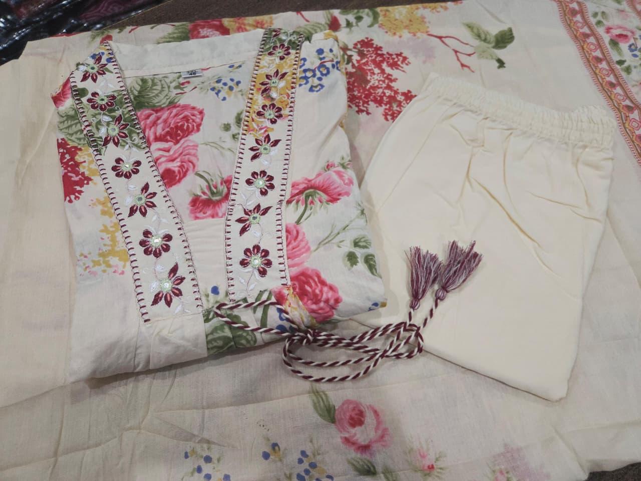 Designer Printed Cotton Kurti Set with Embroidery & Tassel Detailing 3Pcs Set