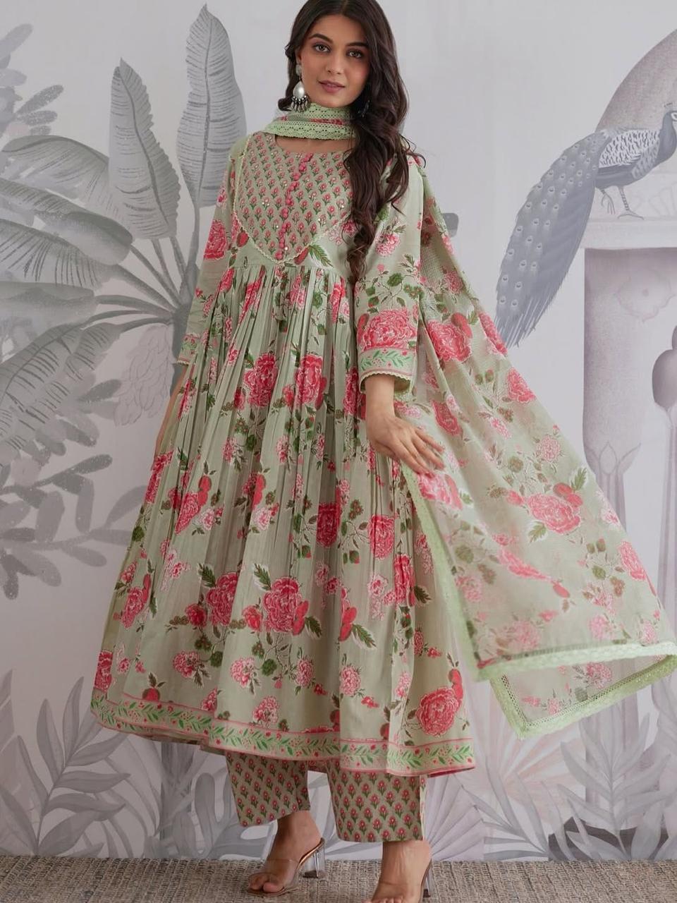 Premium Pure Cotton Anarkali Set with Hand & Adda Sequence Work – Festival Designer Collection
