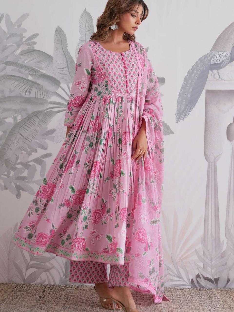 Premium Pure Cotton Anarkali Set with Hand & Adda Sequence Work – Festival Designer Collection