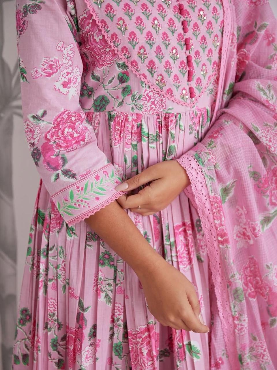 Premium Pure Cotton Anarkali Set with Hand & Adda Sequence Work – Festival Designer Collection