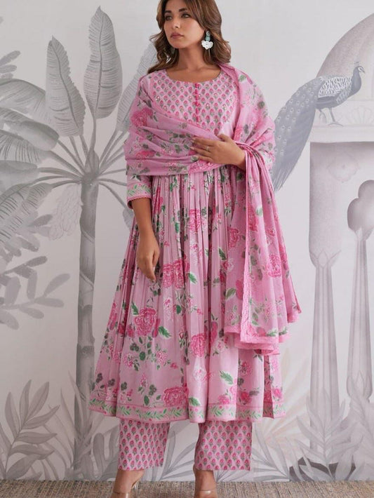 Premium Pure Cotton Anarkali Set with Hand & Adda Sequence Work – Festival Designer Collection