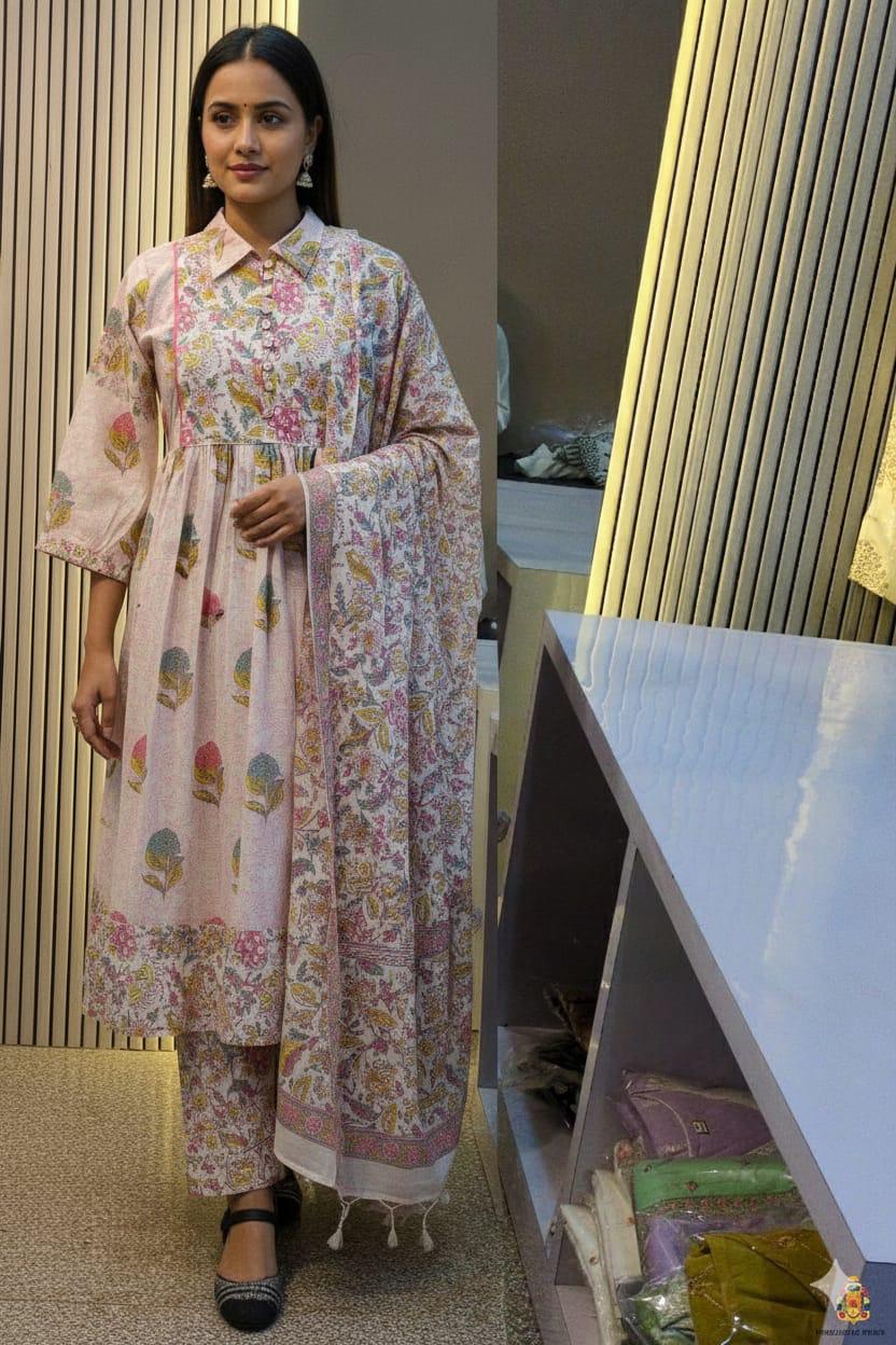 Pure Cotton 60-60 Printed Anarkali Suit Set with Pant & Mulmul Dupatta – Festive 3-Piece Collection”