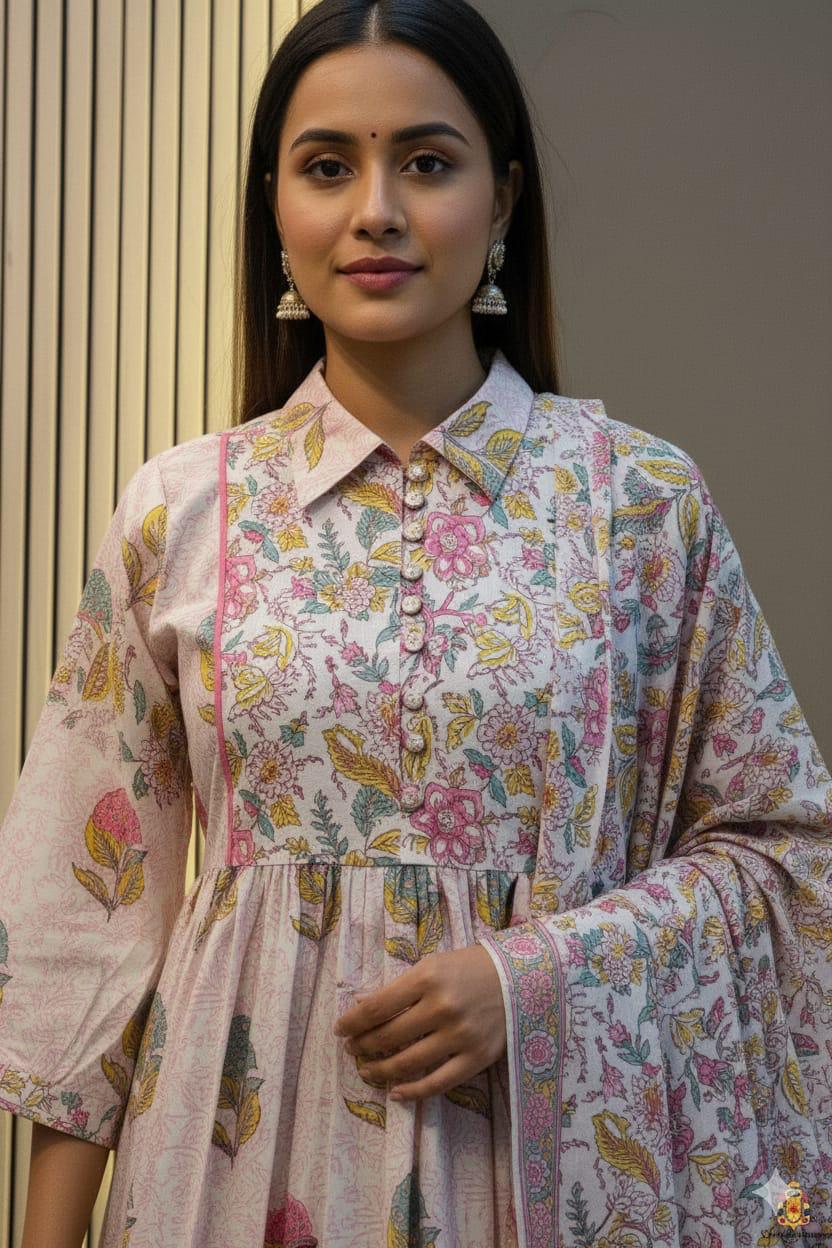 Pure Cotton 60-60 Printed Anarkali Suit Set with Pant & Mulmul Dupatta – Festive 3-Piece Collection”