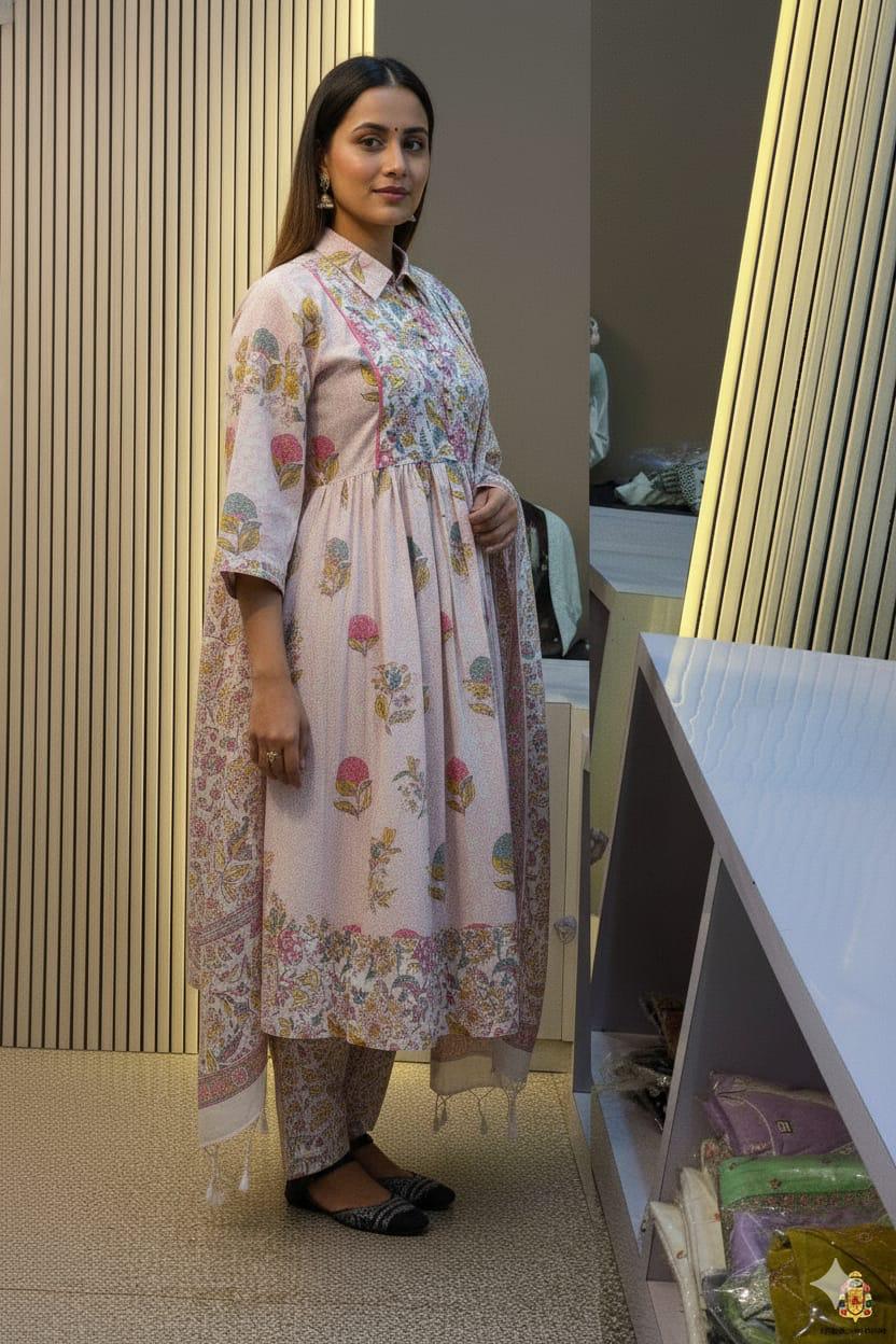 Pure Cotton 60-60 Printed Anarkali Suit Set with Pant & Mulmul Dupatta – Festive 3-Piece Collection”