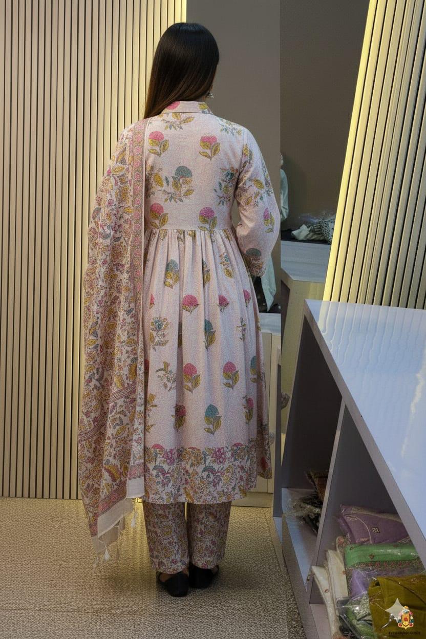 Pure Cotton 60-60 Printed Anarkali Suit Set with Pant & Mulmul Dupatta – Festive 3-Piece Collection”