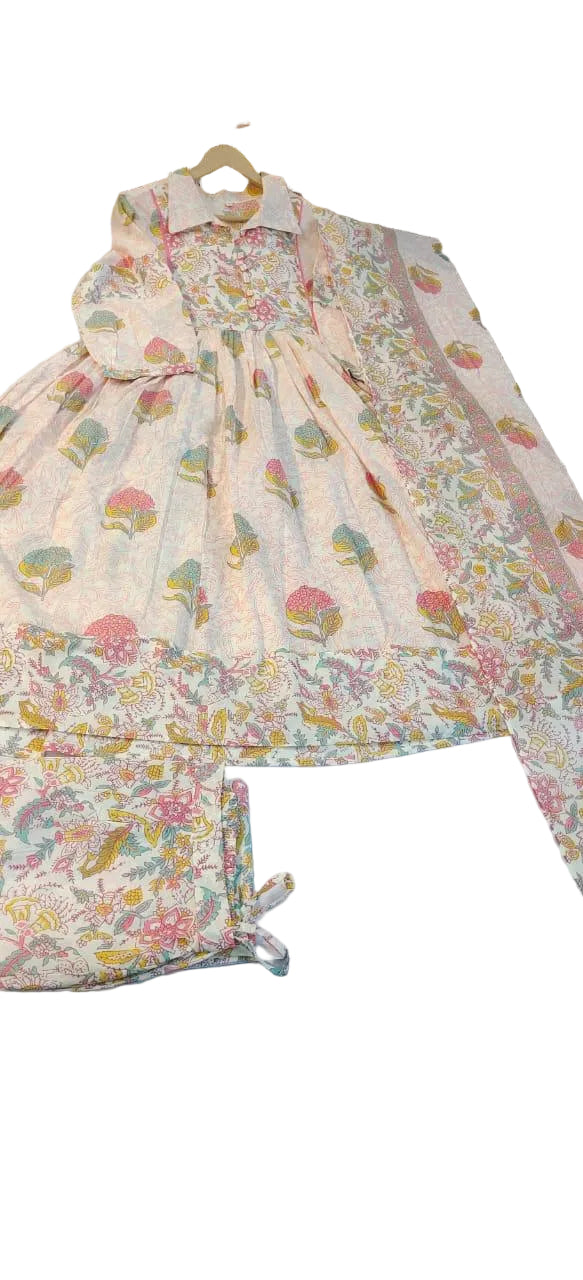 Pure Cotton 60-60 Printed Anarkali Suit Set with Pant & Mulmul Dupatta – Festive 3-Piece Collection”