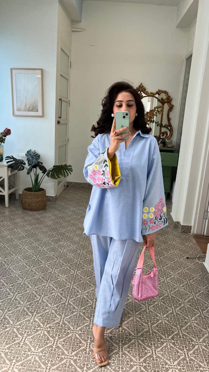 Parsi Embroidery Premium Cotton 60-60 Co-ord Set – Pastel Blue Designer Collection