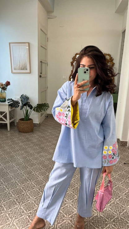 Parsi Embroidery Premium Cotton 60-60 Co-ord Set – Pastel Blue Designer Collection