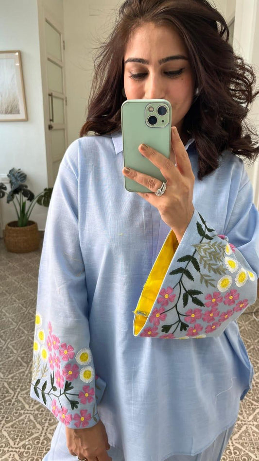 Parsi Embroidery Premium Cotton 60-60 Co-ord Set – Pastel Blue Designer Collection