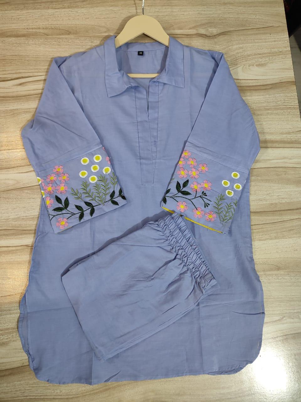 Parsi Embroidery Premium Cotton 60-60 Co-ord Set – Pastel Blue Designer Collection