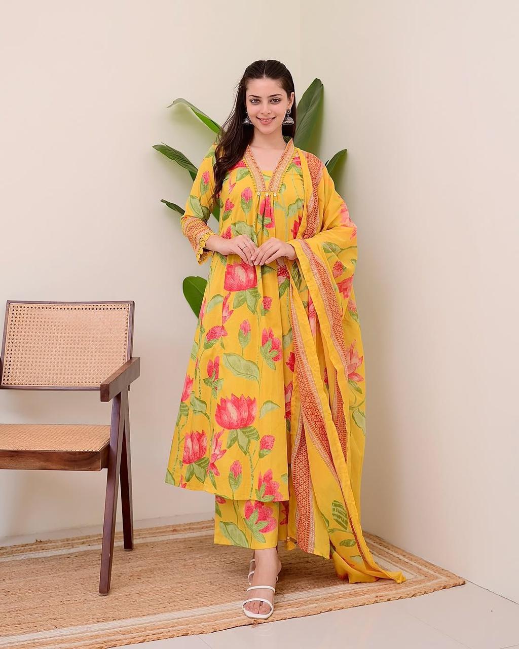 Premium Heavy Cotton Printed 3-Piece Set with Plazzo & Malmal Dupatta – Super Selling Collection