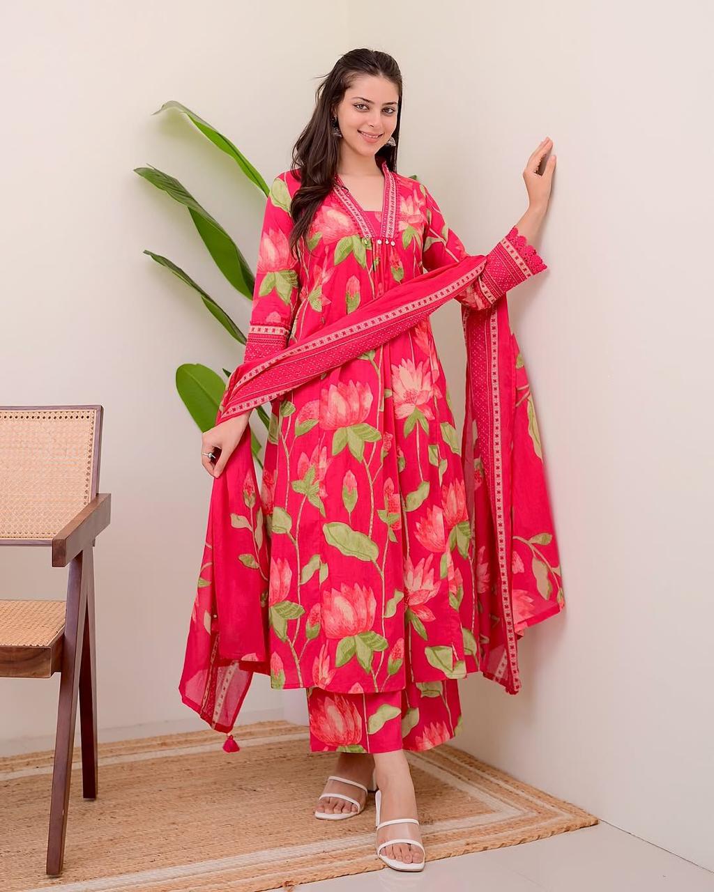 Premium Heavy Cotton Printed 3-Piece Set with Plazzo & Malmal Dupatta – Super Selling Collection