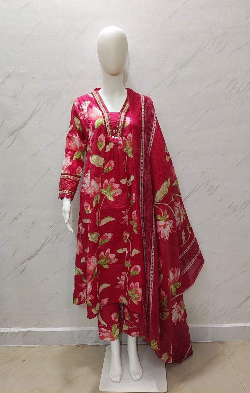 Premium Heavy Cotton Printed 3-Piece Set with Plazzo & Malmal Dupatta – Super Selling Collection