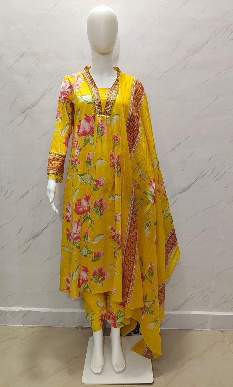 Premium Heavy Cotton Printed 3-Piece Set with Plazzo & Malmal Dupatta – Super Selling Collection