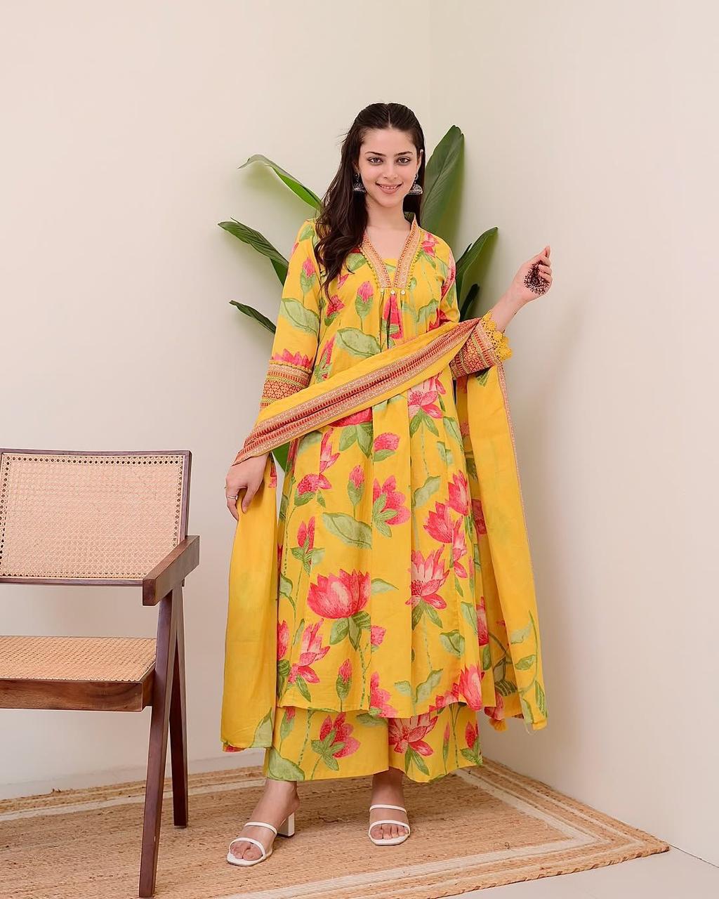 Premium Heavy Cotton Printed 3-Piece Set with Plazzo & Malmal Dupatta – Super Selling Collection