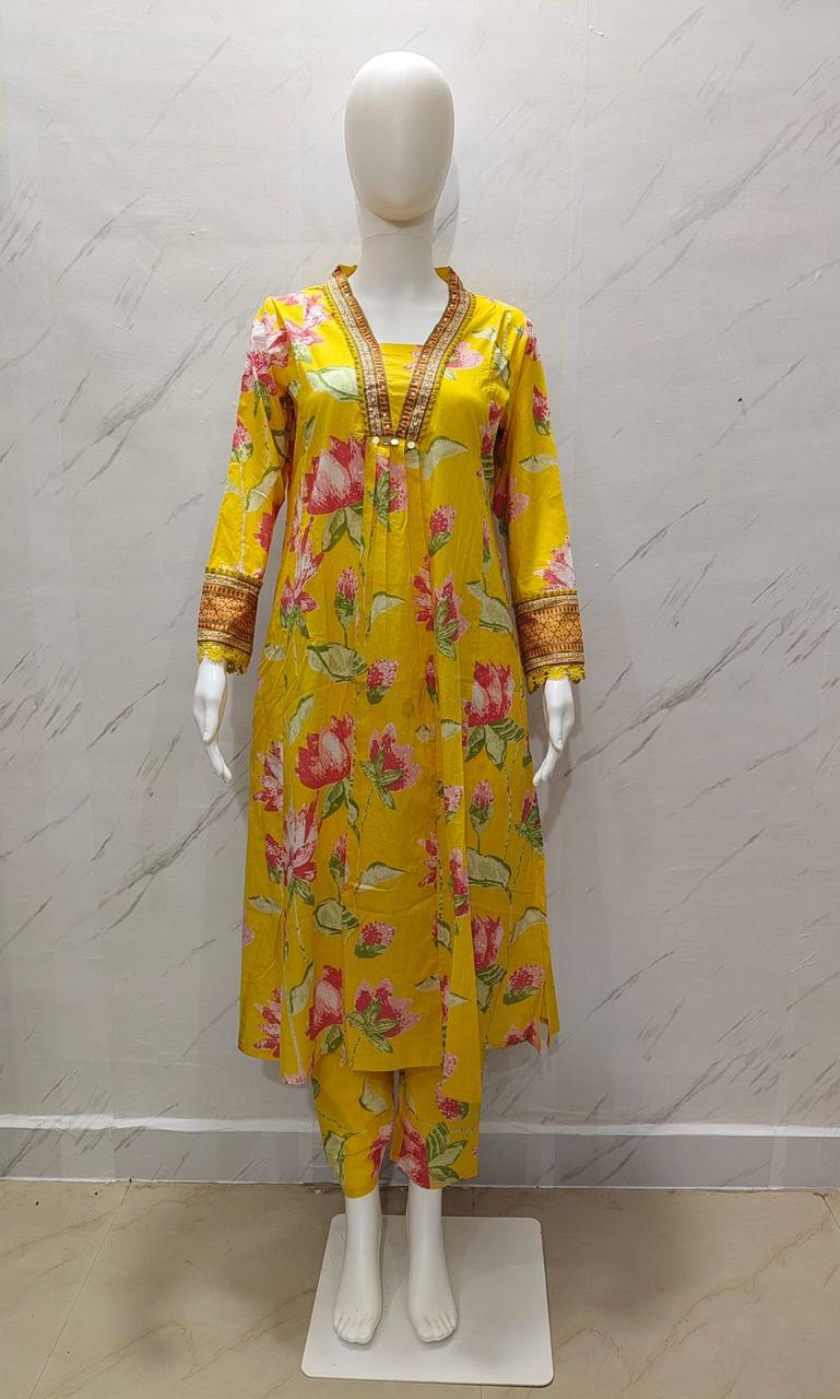 Premium Heavy Cotton Printed 3-Piece Set with Plazzo & Malmal Dupatta – Super Selling Collection