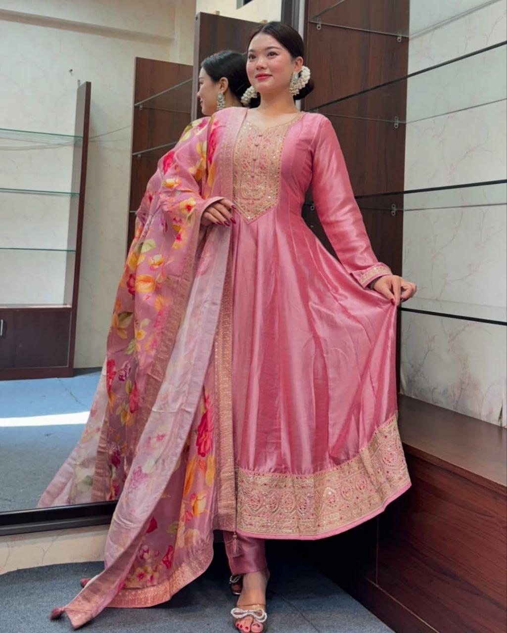 Priya Festival Special Banana Silk Anarkali Set with Banarasi Dupatta & Golden Zari Work