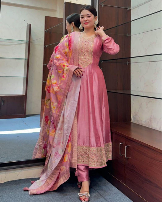 Priya Festival Special Banana Silk Anarkali Set with Banarasi Dupatta & Golden Zari Work